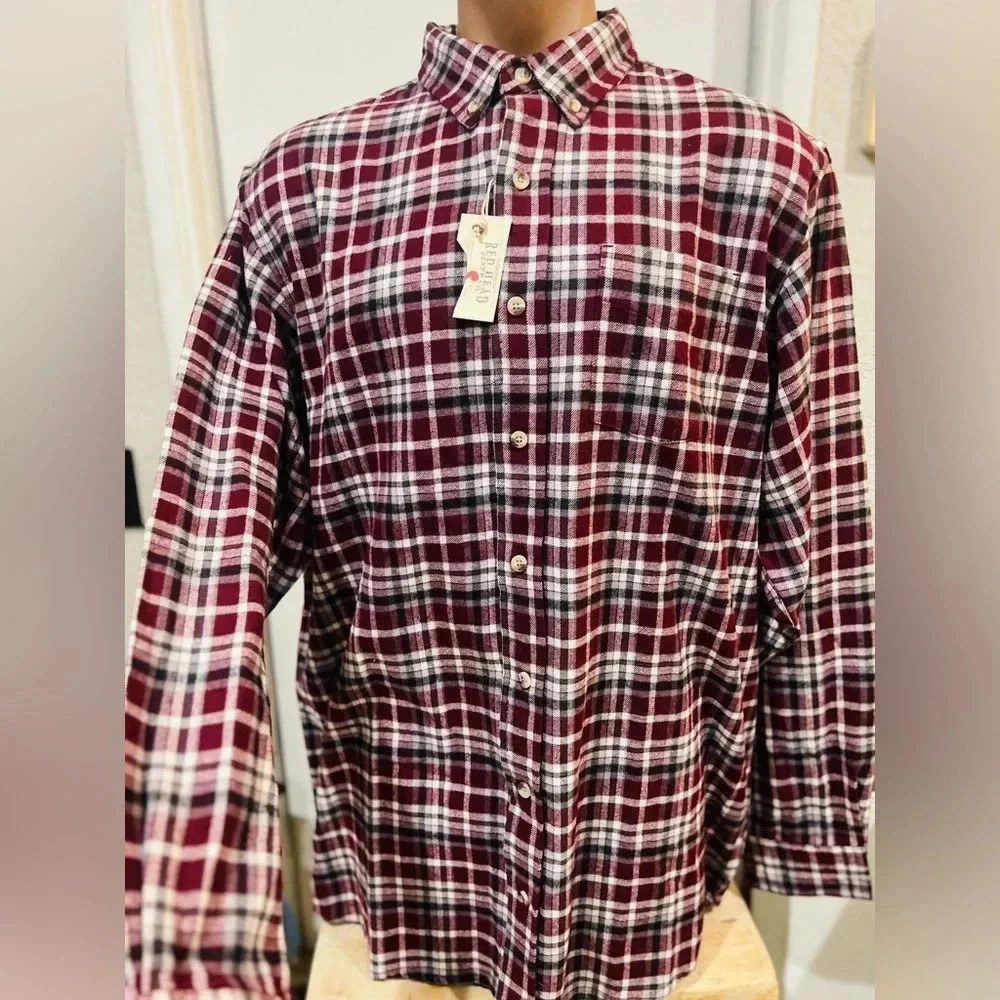 RedHead Men's XLT Long Sleeve Burgundy Gray Plaid Flannel Shirt - XTL